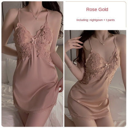 Rose Lace Sexy Satin Pajamas Outer Robe Home Set 80010