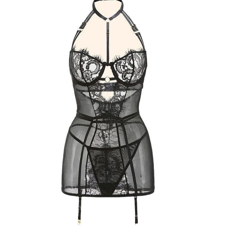 Sexy nightgown chest steel support transparent lace set 80005
